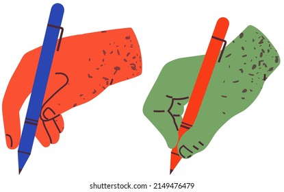 Set of human hands holding pens to write on surface. Colorful devices for writing or drawing. Ballpoint pen with refill and paste isolated on white background. Writing utensil with ink mark on paper