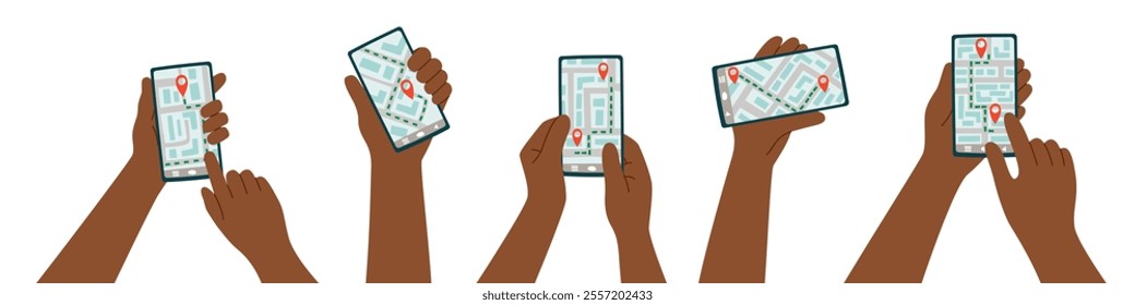 Set of human hands holding phones with a screen showing the route of travel isolated on white. Points of destination. Vector clipart illustration.