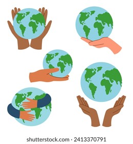 Set of human hands holding planet Earth. Ecology concept.	Environment concept.