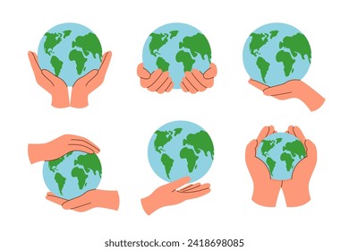 Set of human hands holding planet Earth. Ecology concept. Environment concept.