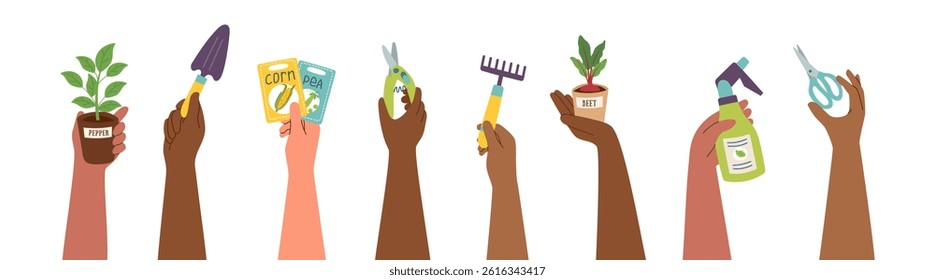 Set of human hands holding seedlings and garden equipment isolated on white. Gardening and farming concept banner. Vector hand drawn template.