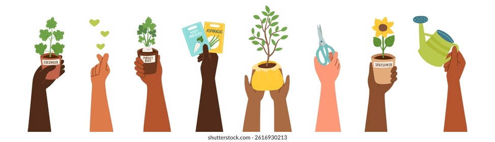 Set of human hands holding seedlings and garden equipment isolated on white. Gardening and farming concept banner. Vector hand drawn background. Collection of cliparts.
