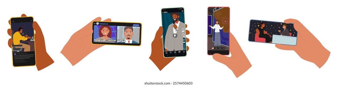 Set of human hands holding smartphone with standup and talk show, weather forecast, podcast, news online broadcasting on screen vector illustration. People using internet and multimedia application