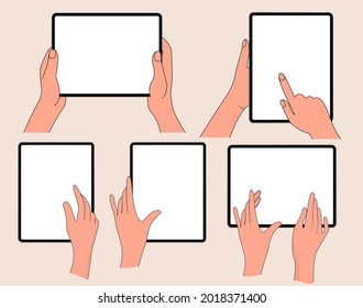A set of human hands holding a tablet PC. Flat style. A set of illustrations for hands. Tablet, PC phone with a white screen. Cartoon hands with a smartphone. isolated on a white background. Vector 