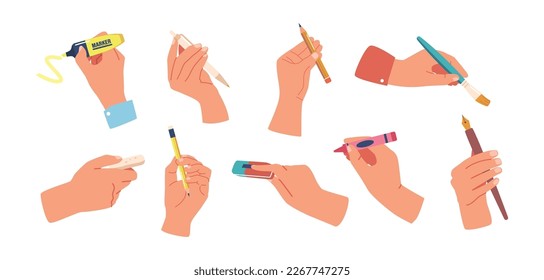 Set of Human Hands Holding Various Writing Tools Such As Pencil, Pen, Crayon or Marker, Quill Pen, Brush or Eraser Showcasing The Creativity And Versatility Of Hand. Cartoon Vector Illustration