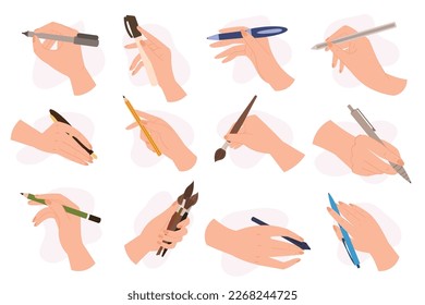 Set of Human Hands Holding Various Writing Tools Such As Pencil, Pen or Marker, Quill Pen and Paintbrush. Collection Showcasing The Creativity And Versatility Of Hand. Cartoon Vector Illustration