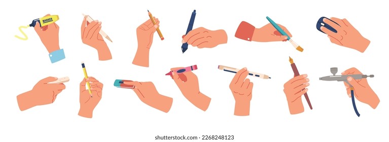 Set of Human Hands Holding Various Writing Tools Such As Stylus, Pen, Crayon Or Marker, Quill Pen, Brush Or Eraser, Pencil and Marker Diverse Range. Creative Power Of Hand. Cartoon Vector Illustration