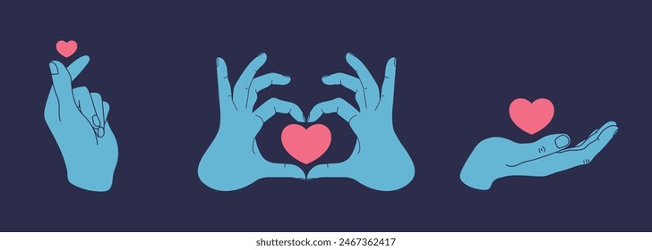 Conjunto de manos humanas haciendo signo de amor y corazón. Gesto de dar amor o simpatía. Ilustración vectorial