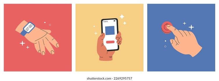 Set of human hands with objects. Arms holds mobile phone, a wrist watch and a finger pressing on button. Hand drawn vector illustration isolated on colorful background. Modern flat cartoon style.