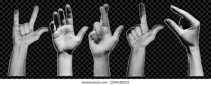 Set of human hands on transparent background. Gesture signs. Vintage halftone effect