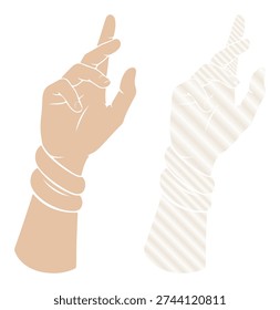 Set of human hands, one in solid color and other striped, with rope around wrist.