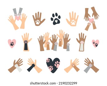 Set human hands and pet paws love illustrations. International Homeless Animals Day. Cute icons - pet paw, human hand, hear shape, etc. World pets day decorative elements