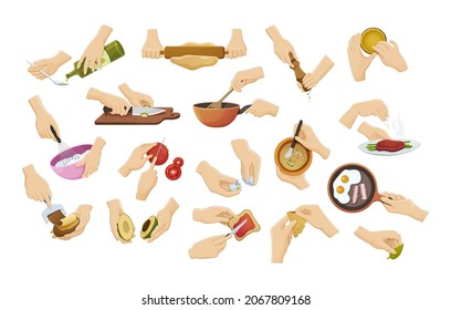 Set human hands preparing food. Cooking utensils with soup, eggs, meat, roll out dough, beat cream, cutting avocado and sprinkle spices. Hands holding cutlery cooking utensils, culinary accessories