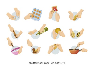 Set human hands preparing food. Cooking utensils with soup, eggs, meat, roll out dough, beat cream, cutting avocado and sprinkle spices. Hands holding cutlery cooking utensils, culinary accessories