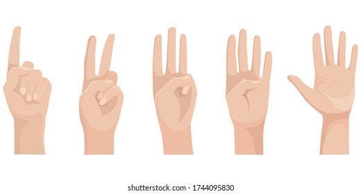 Set of human hands with raised up fingers. Wrists in cartoon style.