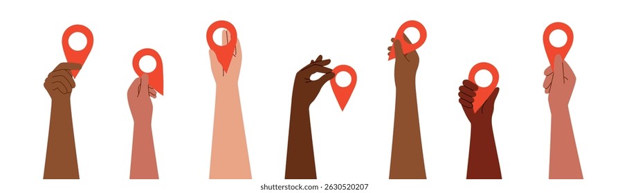 Set of human hands raised up with travel destination pins isolated on white background. Travel point of destination. Flat style cliparts.