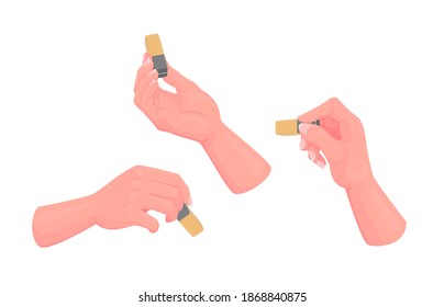 Set of Human Hands with Rubber Eraser Isolated on White Background. Tools for Deleting Information from Paper. Office Supplies, Stationery or Accessory Design Elements. Cartoon Vector Illustration