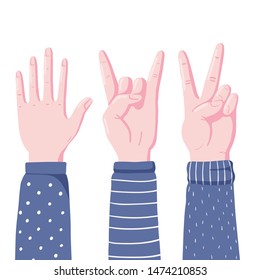 Conjunto de manos humanas mostrando gestos - cinco altos, cuernos del diablo y signo de victoria, ilustración plana vectorial aislada en fondo blanco. Manos humanas mostrando cinco, cuernos del diablo y gesto de señal de V