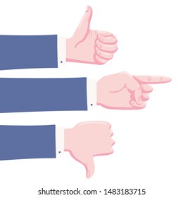 Set of human hands showing gestures - thumb up, thumb down, pointing index finger, flat cartoon vector illustration isolated on white background. Human hands showing thumb up, thumb down, pointing