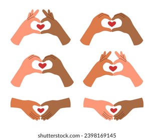 Conjunto de manos humanas que muestran un corazón, diferentes colores de piel, en estilo plano, aislado en un fondo blanco.