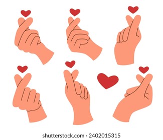 Set of human hands showing a sign heart, in flat style, isolated on a white background