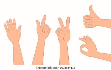 Set of human hands. Signals and signs. Collection of gestures greeting, show direction, victory sign, well done, good job, ok, all right. Vector flat icons.