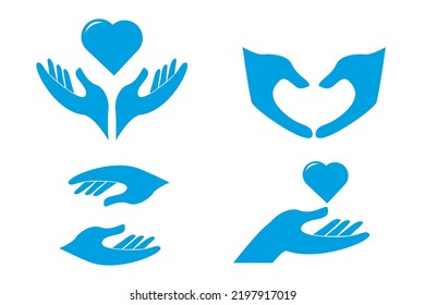 Set Human hands silhouette with heart shape charity concept isolated on white background. Collection arms with fingers, helpful gesture.