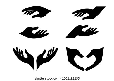 Set Human hands silhouette with heart shape charity concept isolated on white background. Collection arms with fingers, helpful gesture.