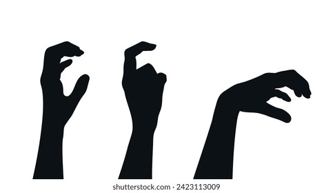 Set of human hands silhouettes showing scary gestures. Monster claw hand. Creature scratching hand. Vector illustration