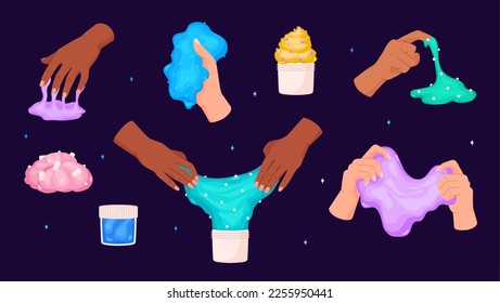 Set of human hands touching colorful slimes flat style, vector illustration isolated on dark background. Homemade antistress toy, hobby, design elements collection