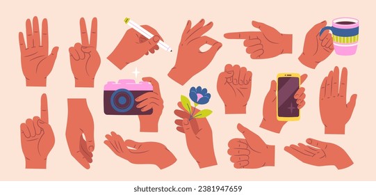 Set of human hands vector. Palms with camera and flowers, smartphone. Gestures and expressions. Sticker for social networks and messengers. Cartoon flat vector collection isolated on white background