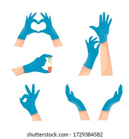 Set of human hands wearing blue latex medical gloves. Infection and virus protection. Coronavirus COVID-19 prevention. Vector illustration isolated on white background. Okay sign, heart sign. 