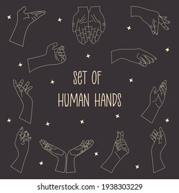 Set of Human hands to the wrist with stars. Linear vector on a dark background. Illustration in hand drawn, minimalistic trendy doodle