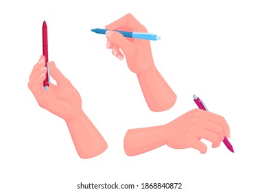 Set of Human Hands with Writing Tools, Colorful Pens Office Supplies or Stationery Isolated on White Background. Writing or Drawing Instrument, Accessory Design Elements. Cartoon Vector Illustration