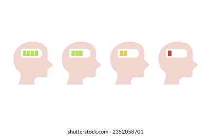 Set of human head with battery. Energy, burnout, workload, health concepts. Flat vector design isolated illustrations.