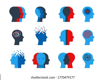 Set of human head with brain process, people thinking, mental health or disorders. Vector illustration. Creative process or business solution sign logo