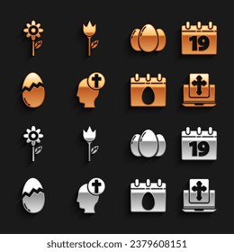 Set Human head with christian cross, Calendar Happy Easter, Cross on the laptop screen, egg, Broken, eggs, Flower and tulip icon. Vector