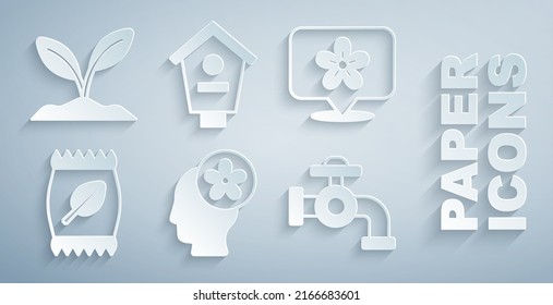 Set Human head with flower inside, Location, Fertilizer bag, Water tap, Bird house and Sprout icon. Vector