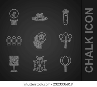 Fijar cabeza humana con flor dentro, Ladybug, Tulipán de flor, rama de árbol Blossom, Bosque, Madera de valla de jardín, Zanahoria e ícono. Vector