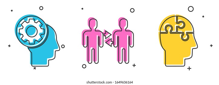 Set Human head with gear inside, Project team base and Human head puzzles strategy icon. Vector