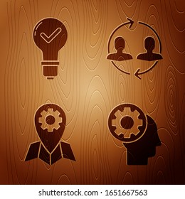 Set Human head with gear inside, Light bulb and check mark, Location job and Human resources on wooden background. Vector