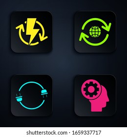 Set Human head with gear inside, Recharging, Electric plug and Planet earth and a recycling. Black square button. Vector