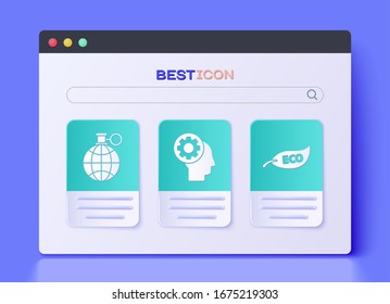 Set Human head with gear inside, Planet earth and a recycling and Leaf Eco symbol icon. Vector