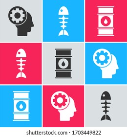 Set Human head with gear inside, Fish skeleton and Oil barrel line icon. Vector
