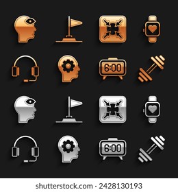 Set Human head with gear inside, Smart watch, Dumbbell, Digital alarm clock, Headphones, Target, Man third eye and Flag icon. Vector