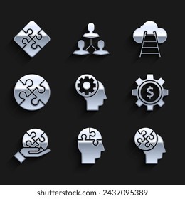 Set Human head with gear inside, puzzles strategy, Gear dollar symbol, Piece of hand, Ladder leading to cloud and  icon. Vector