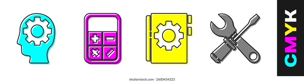 Set Human head with gear inside, Calculator, User manual and Screwdriver and wrench spanner icon. Vector