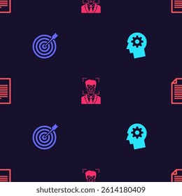 Set Human head with gear inside, Target arrow, Face recognition and Document on seamless pattern. Vector