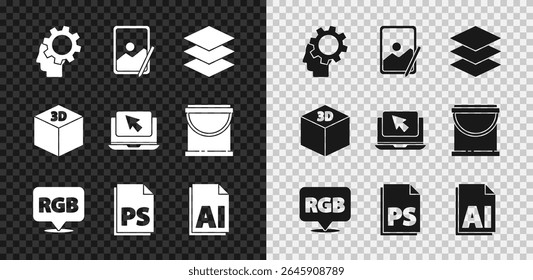 Set Human head with gear inside, Graphic tablet, Layers, Speech bubble RGB and CMYK, PS File document, AI file, Isometric cube and Laptop cursor icon. Vector - Powered by Shutterstock - Get 15% off with code: PIKWIZARD15