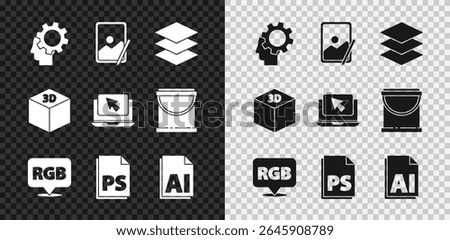 Set Human head with gear inside, Graphic tablet, Layers, Speech bubble RGB and CMYK, PS File document, AI file, Isometric cube and Laptop cursor icon. Vector